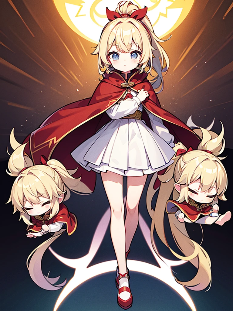 Full-body portrait、Are standing、Fluffy hair、Blonde、Lots of hair、Short ponytail、Grey knitted sweater、Red Cape、arrogant