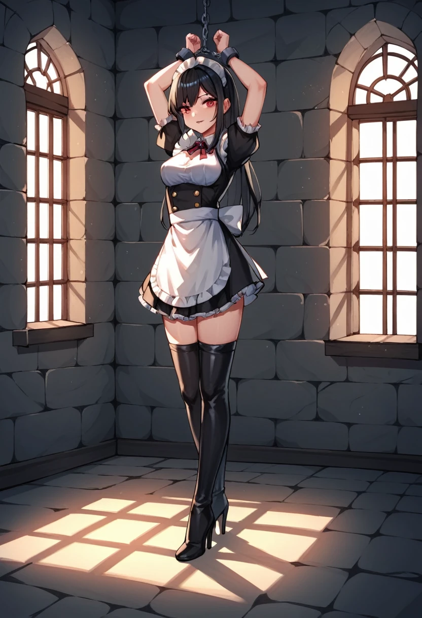 score_9, score_8_up, score_7_up, score_6_up, score_5_up, score_4_up, source_anime, 1girl, black hair, повязка на голову, рожки, один клык, red eyes, w-w-chain, shackles, Hang a girl up, raise arms, long hair, maid's outfit, black thigh high boots, heels, night, windows, dungeon, best quality, best res, 4K UHD,