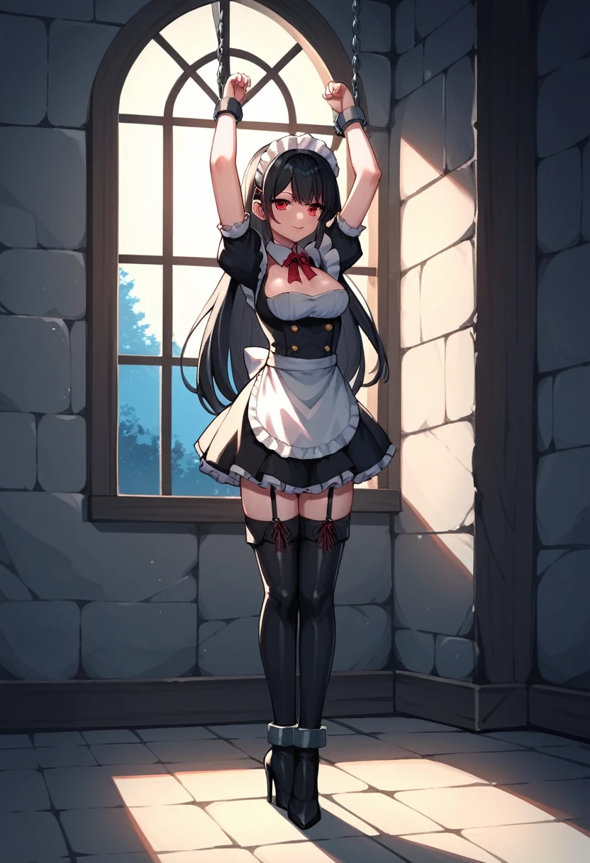 score_9, score_8_up, score_7_up, score_6_up, score_5_up, score_4_up, source_anime, 1girl, black hair, повязка на голову, рожки, один клык, red eyes, w-w-chain, shackles, Hang a girl up, raise arms, long hair, maid's outfit, black thigh high boots, heels, night, windows, dungeon, best quality, best res, 4K UHD,