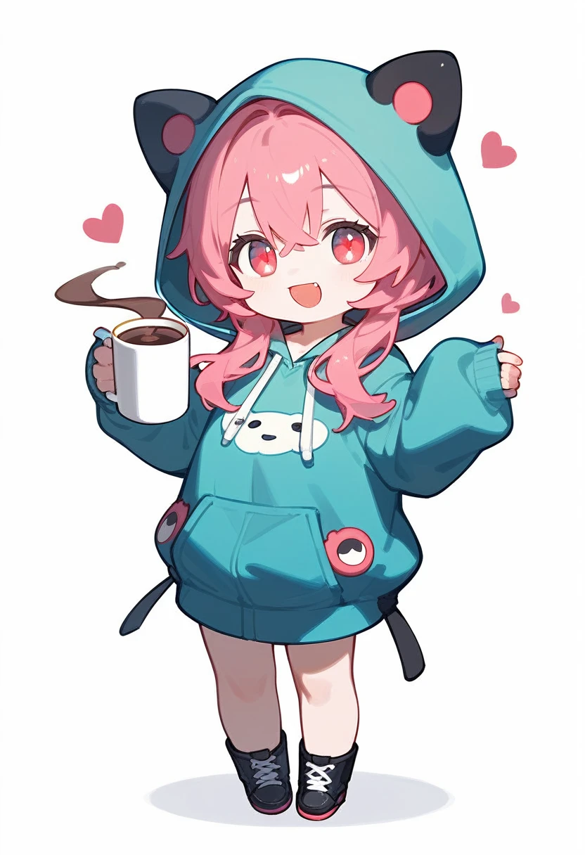 score_9,score_8_superior,score_7_superior,One girl,Pink Hair,alone,hood chibi,bangs,Smile,smile,coffee,Holding a mug,standing,full body,posing,Open your mouth,In-person audience,hoodie,Wearing a hood,Long sleeve,Hair between the eyes,Sleeves are longer than your fingers,white background,