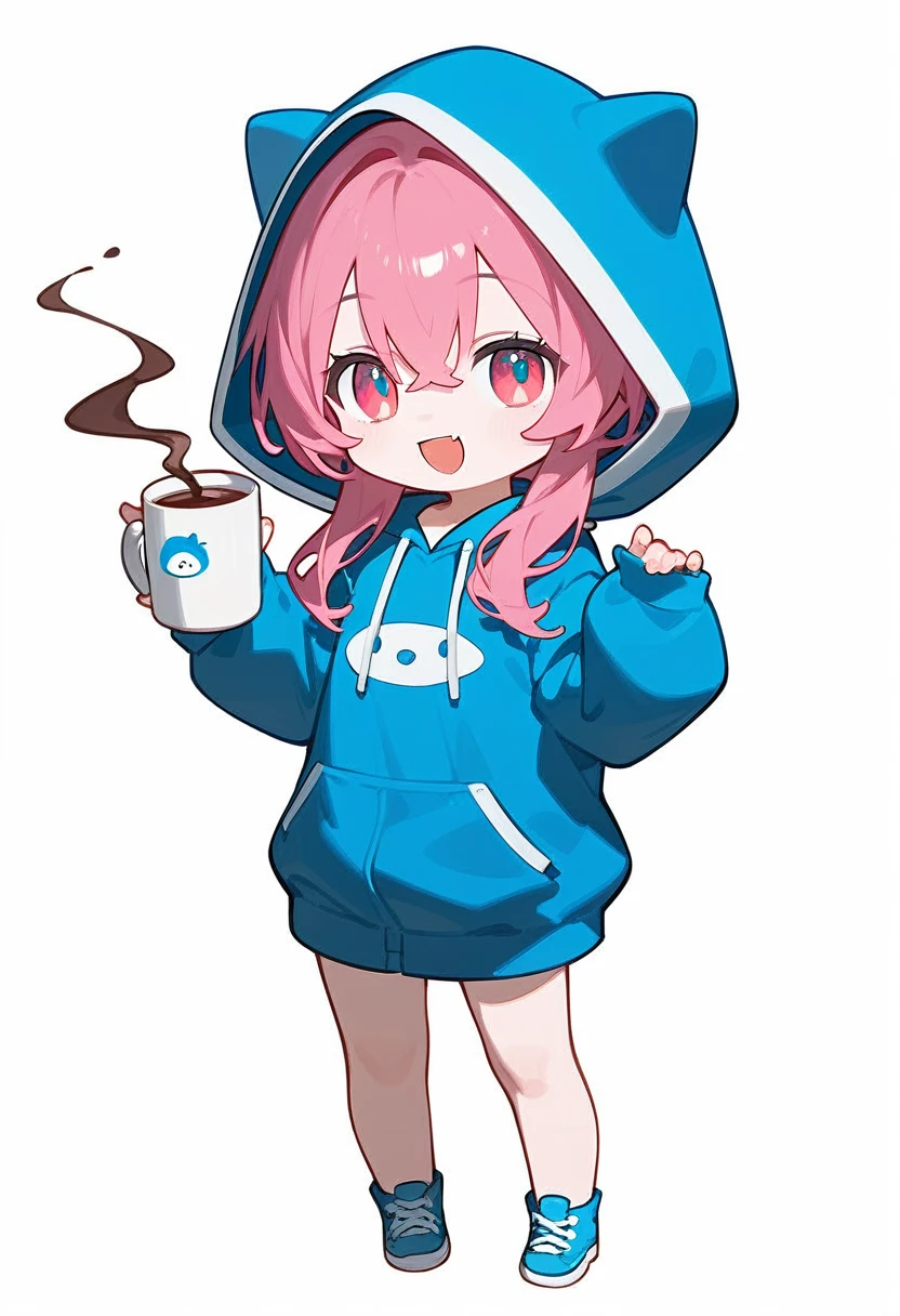 score_9,score_8_superior,score_7_superior,One girl,Pink Hair,alone,hood chibi,bangs,Smile,smile,coffee,Holding a mug,standing,full body,posing,Open your mouth,In-person audience,hoodie,Wearing a hood,Long sleeve,Hair between the eyes,Sleeves are longer than your fingers,white background,