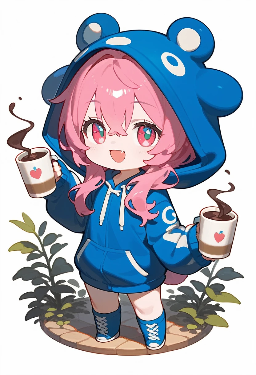 score_9,score_8_superior,score_7_superior,One girl,Pink Hair,alone,hood chibi,bangs,Smile,smile,coffee,Holding a mug,standing,full body,posing,Open your mouth,In-person audience,hoodie,Wearing a hood,Long sleeve,Hair between the eyes,Sleeves are longer than your fingers,white background,