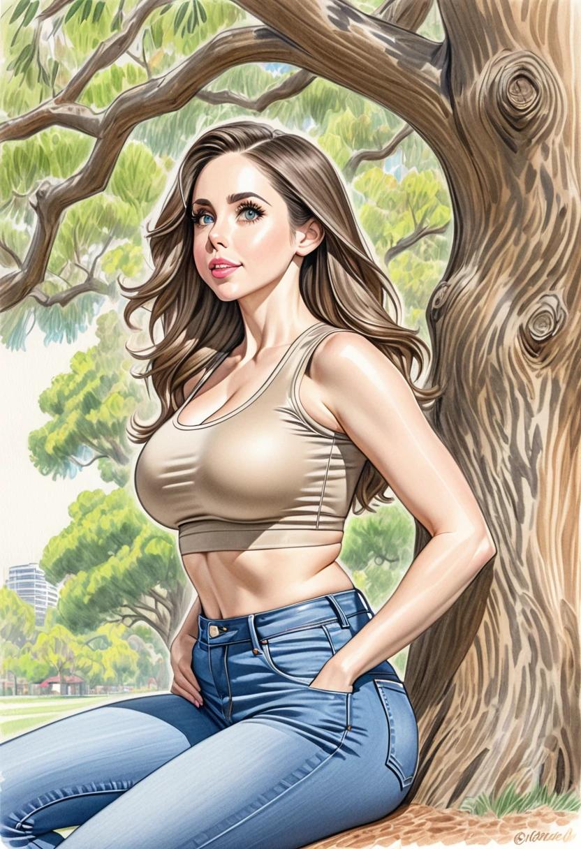 A colored pencil sketch of A beautiful woman, A light brown skin tight spandex top, large heaving breasts, skin tight highrise jeans. curvy, thin-waist, wide-hips, swaying-hips. mash up of  Alison Brie. She is sitting seductively under a live oak tree.
