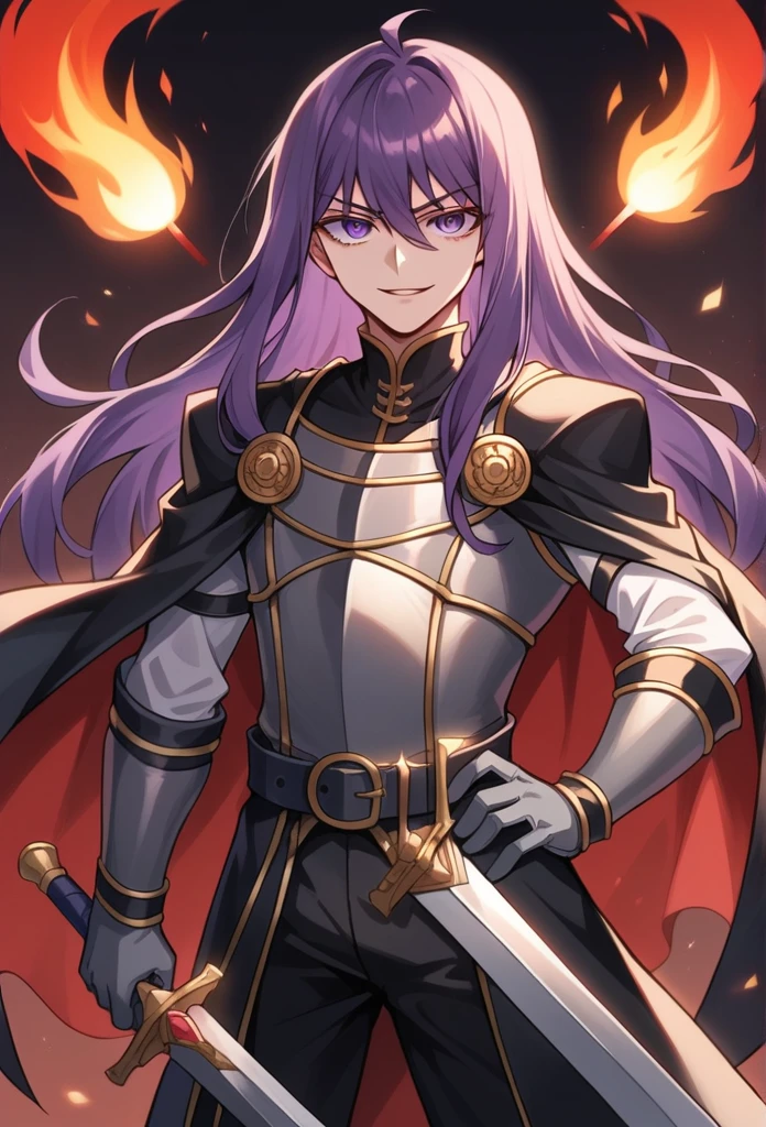 Best Quality, Masterpiece, ultra high resolution, a boy, solo, 1boy, with a dark bloody room in the background , smile, masterpiece, best quality, Cinematic, Fancy effects, Intricate details, shiny hair, shiny skin, detailed eyes, hd eyes, beautiful eyes, gothic, hair between eyes, layered clothes, looking at viewer, highly detailed eyes, dramatic lighting, dark magic background, shadow background, crimson background, smug face, eyelashes, long eyelashes,
1boy,
androgynous,
armor,
belt,
belt buckle,
black cape,
buckle,
cape,
cowboy shot,
fire,
gloves,
grey armor,
grey belt,
grey gloves,
hand on own hip,
holding,
holding sword,
holding weapon,
leather armor,
long hair,
long sleeves,
looking at viewer,
male focus,
night,
parted lips, shiny lips,
purple eyes,
purple hair,
shirt,
solo,
standing,
sword,
vambraces,
weapon,
white shirt,
wispy bangs,