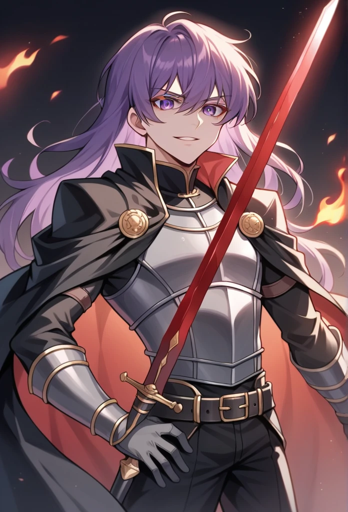 Best Quality, Masterpiece, ultra high resolution, a boy, solo, 1boy,  with a dark bloody room in the background ,  smile, masterpiece, best quality, Cinematic, Fancy effects, Intricate details, shiny hair, shiny skin, detailed eyes, hd eyes, beautiful eyes, gothic, hair between eyes, layered clothes,  looking at viewer, highly detailed eyes, dramatic lighting,  dark magic background, shadow background, crimson background, smug face, eyelashes, long eyelashes,
1boy,
androgynous,
armor,
belt,
belt buckle,
black cape,
buckle,
cape,
cowboy shot,
fire,
gloves,
grey armor,
grey belt,
grey gloves,
hand on own hip,
holding,
holding sword,
holding weapon,
leather armor,
long hair,
long sleeves,
looking at viewer,
male focus,
night,
parted lips, shiny lips,
purple eyes,
purple hair,
shirt,
solo,
standing,
sword,
vambraces,
weapon,
white shirt,
wispy bangs,