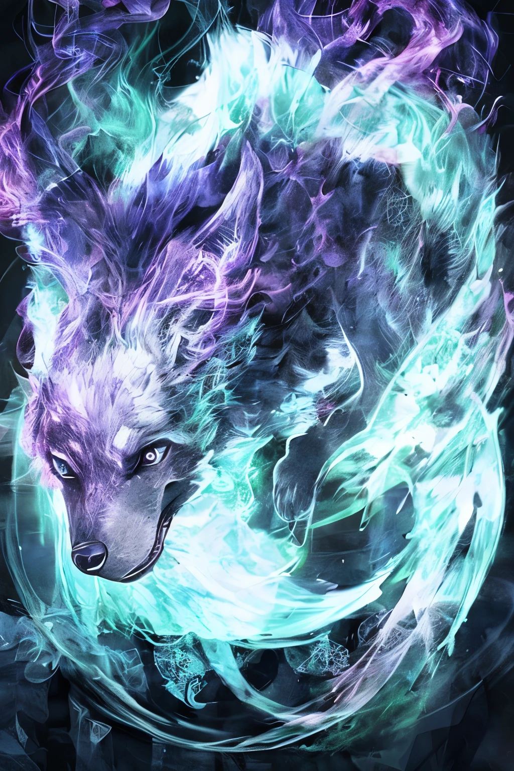 bioluminescent wolf made of orange|crimson|purple smoke dark blue|Lilac background