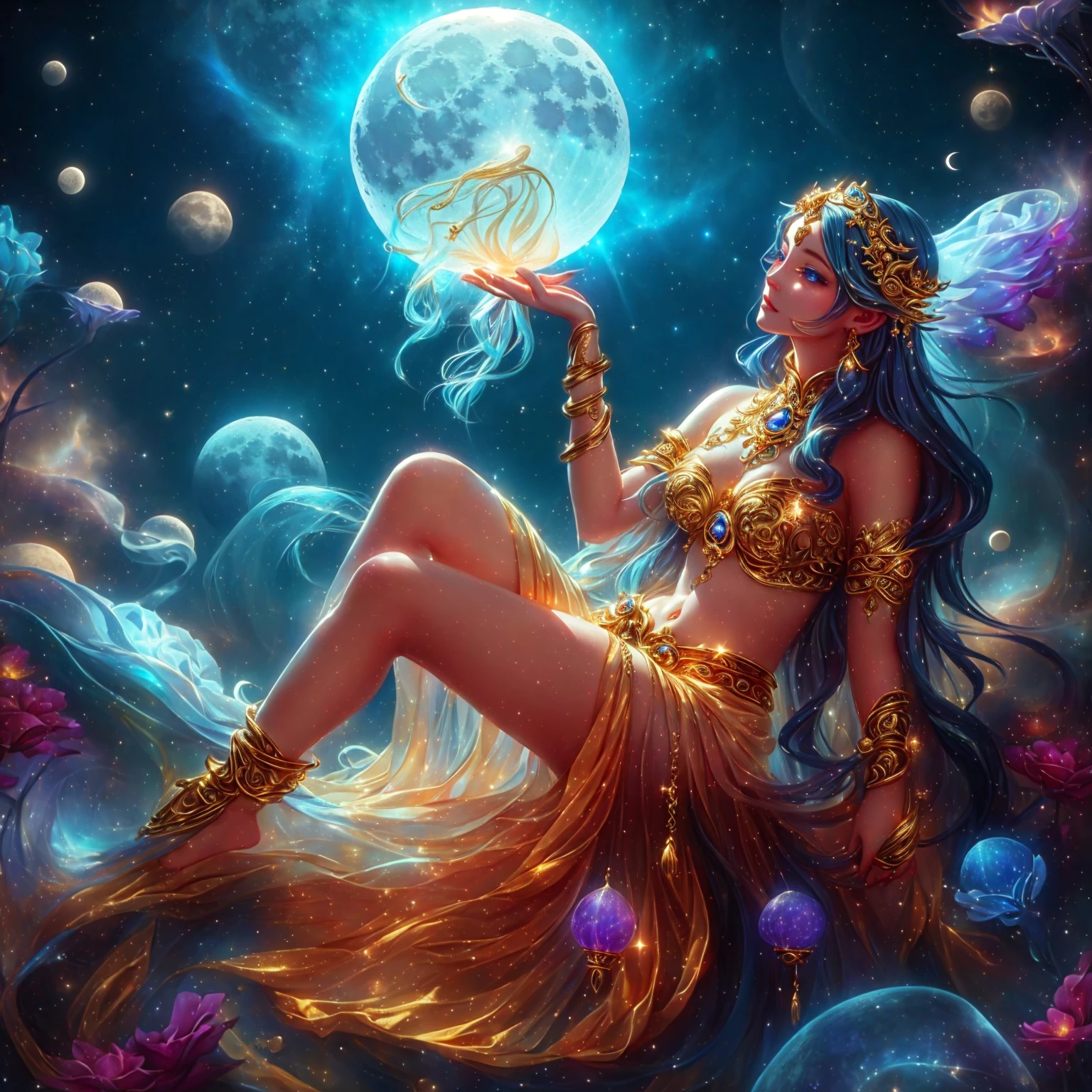 woman , sea blue eyes  , pink mouth ,Dressed in gold, standing in front of a crescent moon., goddess of heaven, goddess of the moon, anime goddess, beautiful heavenly mage, lunar goddess, Moon Goddess, Golden Lotus Princess, Goddess of the Galaxy, Beautiful Fantasy Empress, ((Beautiful Fantasy Empress)), Goddess and Moon, As the sun goddess,, Goddess of space and time , jellyfish , Fine gold jewelry , thin yellow cloth