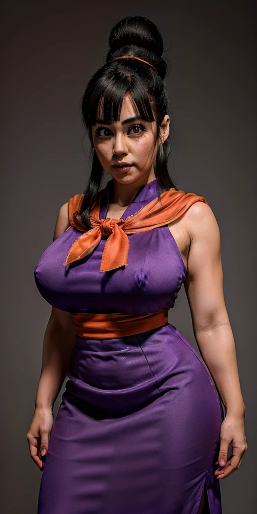 chichi_dbz, standing, solo, big breasts, Purple_Dress_Orange_Neckerchief, masterpiece, best quality, detailed face, detailed eyes, high resolution,
