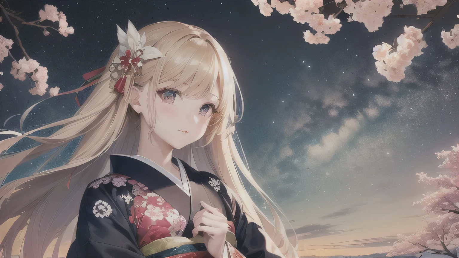 Top quality, masterpiece, hair color is light blue, kimono color is red