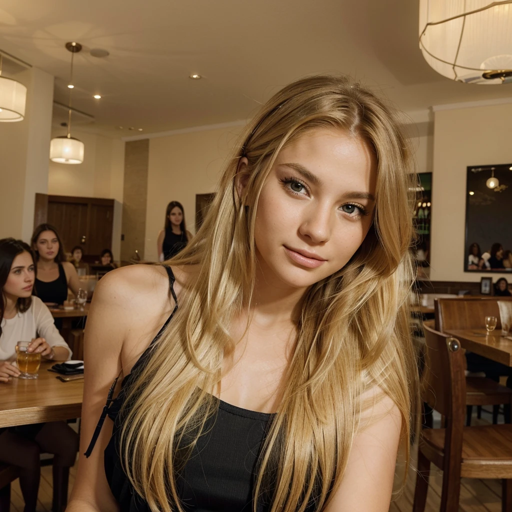 Vibrant, high-resolution portrait of a woman with beautiful long very blonde hair, styled straight and falling just behind her shoulders. She has brown eyes. She is in a restaurant, having lunch with some friends, she has a unique beauty, a calm and confident face, making a sign ✌️, makes the image very realistic