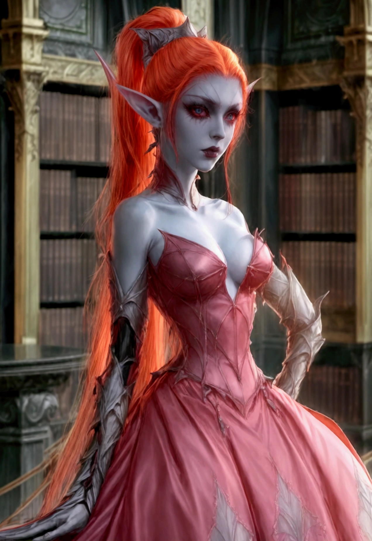 arafed a picture of elf vampire in her castle. an exquisite beautiful female elf vampire (ultra details, Masterpiece, best quality), full body, ((anatomically correct: 1.5) bloody mouth, orange hair, pale skin, hair in a ponytail, long hair, blue eyes, (small pointed ears: 1.2), cold eyes, smirking, wearing pink dress (ultra details, Masterpiece, best quality), red cloak, wearing high heels, in dark fantasy library, book shelves, vibrant, Ultra-high resolution, High Contrast, (masterpiece:1.5), highest quality, Best aesthetics), best details, best quality, highres, ultra wide angle, 16k, [ultra detailed], masterpiece, best quality, (extremely detailed) RAW, dark fantasy art, gothic art, wearing Haute_Couture designer dress, Dark Novel, c0rs3t, corset, leotard,