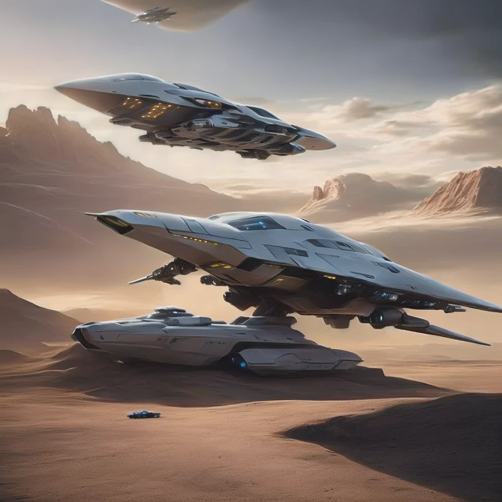 spaceship flying over a desert landscape with a cloudy sky, flying scifi vehicle, spaceship from the movie dune, lockheed concept art, science fiction spacecraft, star citizen halo, valkyrie fighter jet, spaceship in a dry river bed, futuristic vehicles, spaceship flies in the distance, futuristic vehicle, flying vehicles, alien space ship flying in space, star citizen digital art, futuristic starship