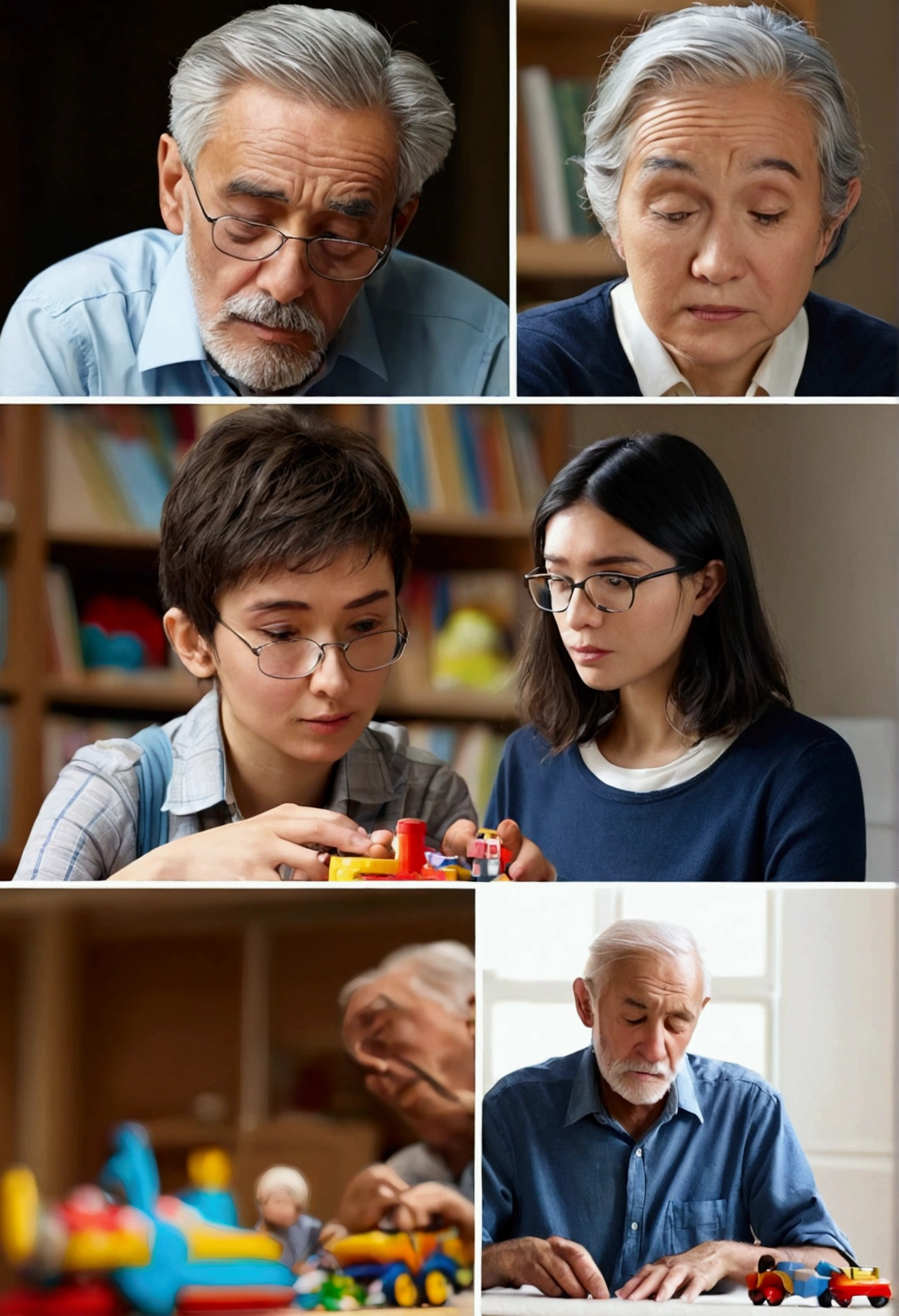 Close-ups of people of different ages and backgrounds at different moments in their daily lives: a looking longingly at a toy, a woman contemplating while working, an old man lost in memories, a university student studying his lessons.