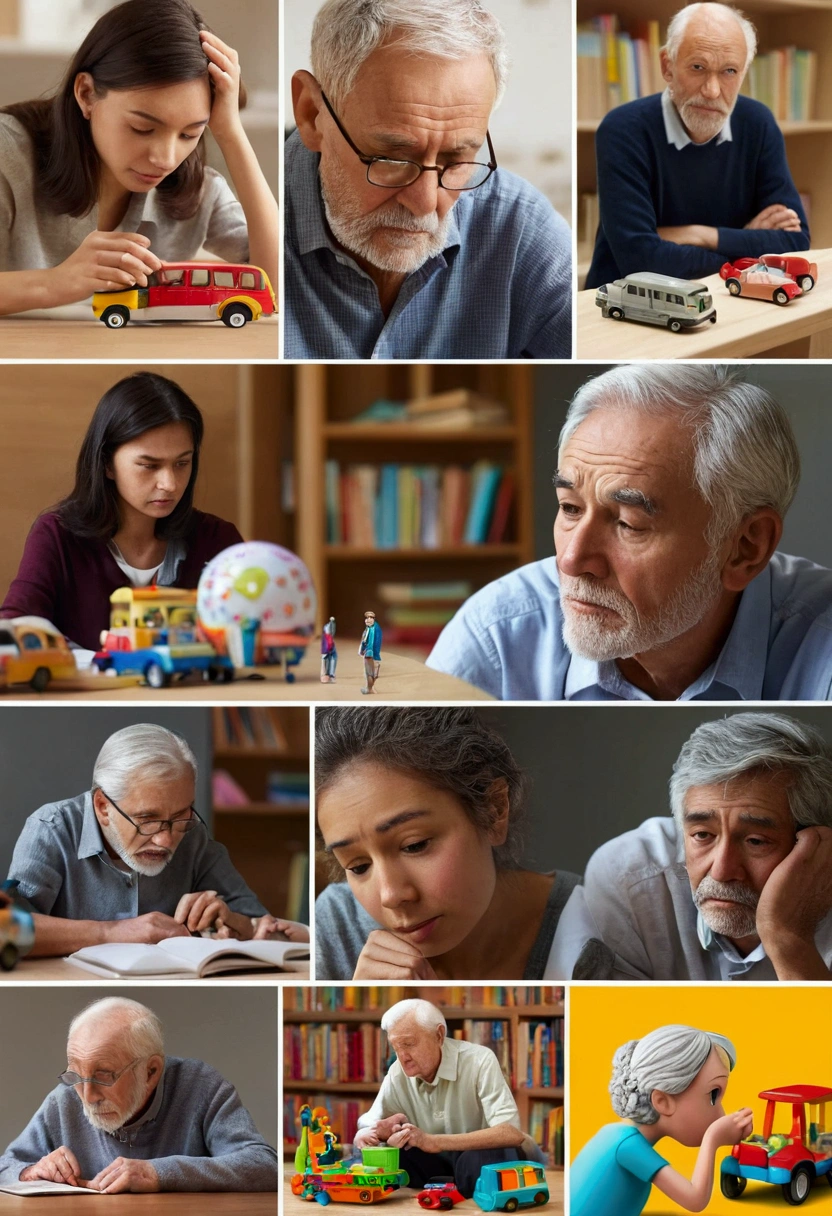 Close-ups of people of different ages and backgrounds at different moments in their daily lives: a looking longingly at a toy, a woman contemplating while working, an old man lost in memories, a university student studying his lessons.