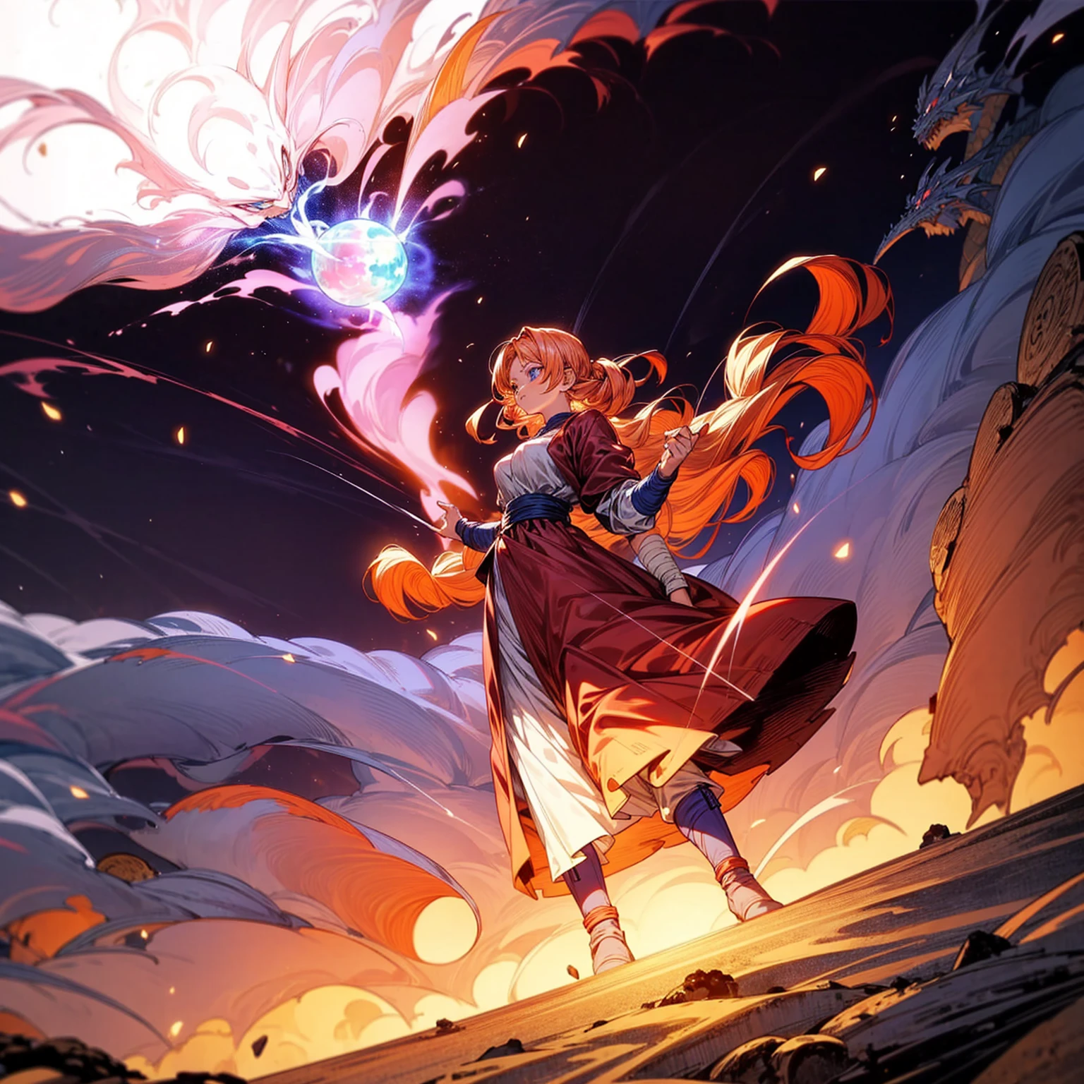 1woman, 1character, woman version, blue eyes, long Curly haircut, pink colour hair, Ancient Roman clothing, red colour clothing, long dress, boots, Bandage on hand, Grassroots, background in field town, motion blur, fire burned in hand, ((dragon ball art)), (high angle view), smoke effect, aura effect, blue lighting, (the largest blue fireball), Moonlight, moon, blue fireball light silhouette, blue fire, lightning flash, plasma effect 