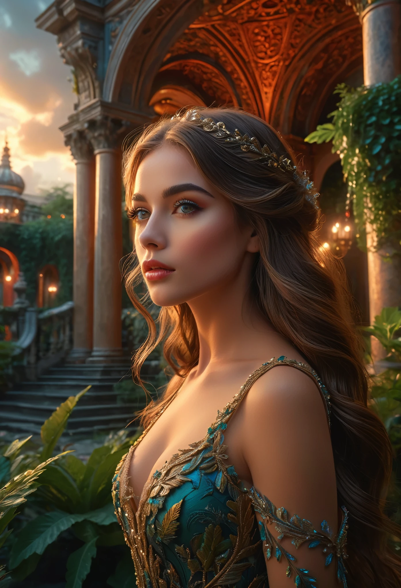 a beautiful girl standing in a stunning fantasy landscape, detailed face, long flowing hair, elegant dress, glowing lights, detailed foliage, lush vegetation, ornate architecture, dramatic sky, cinematic lighting, vibrant colors, photorealistic, 8k, (best quality,4k,8k,highres,masterpiece:1.2),ultra-detailed,(realistic,photorealistic,photo-realistic:1.37),beautiful detailed eyes,beautiful detailed lips,extremely detailed eyes and face,longeyelashes