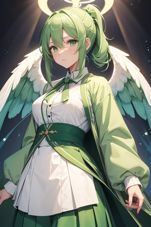 goddess(green pony tail hair, long sleeve, green long skirt), white cardigan