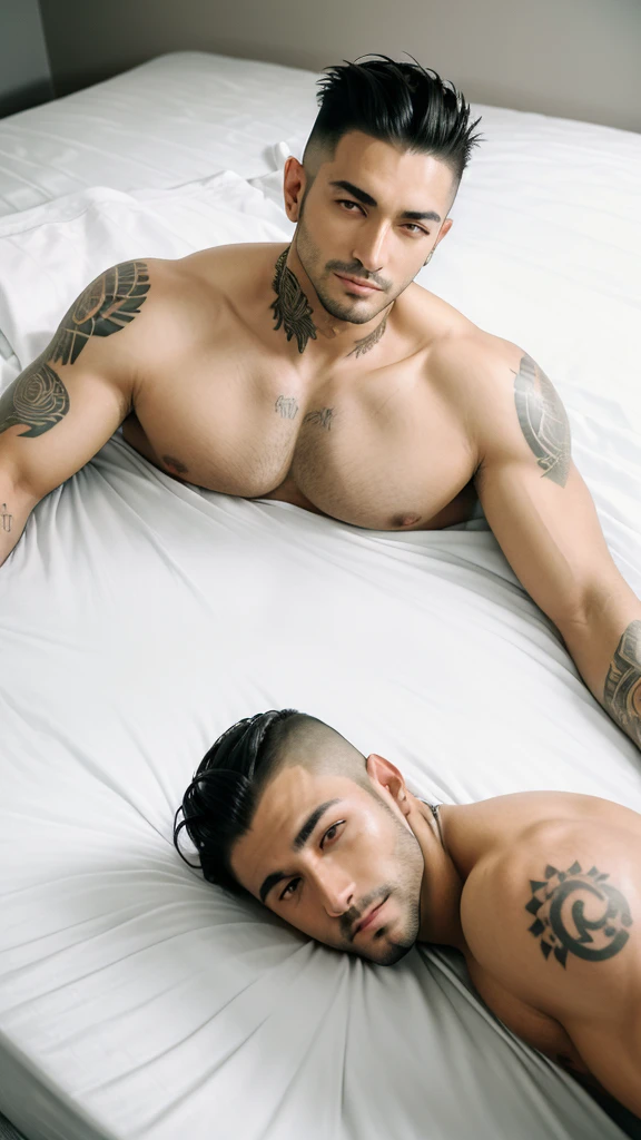 arafed man laying in bed with white sheets and a white blanket, posing in bed, laying in bed, tattooed man, man in his 30s, lying in bed, laying back on the bed, laying on a bed, someone sits in bed, someone in home sits in bed, singer maluma, while posing in the same bed