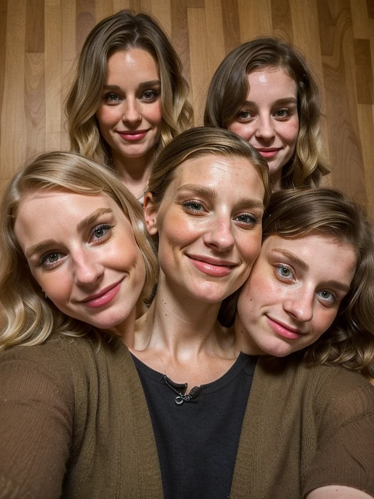 3heads, three headed girl, (a 40 year old woman and a 25 year old woman and a 10 year old girl:1.5), (blonde:1.4)