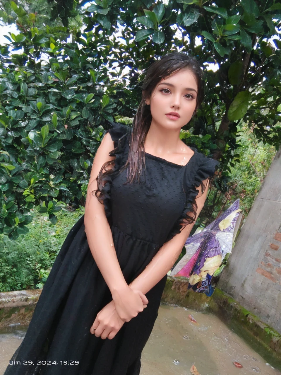 (Best quality, 4k, Masterpiece :1.3), pretty woman, 1girl, (breasts, attractive body :1.2), abs :1.1, dark brown hair: 1.1, (rainy wet, wet from rain, wet body :1.2), ultra-detailed face, detailed lips, detailed eyes, double eyelid， outdoor，run
，