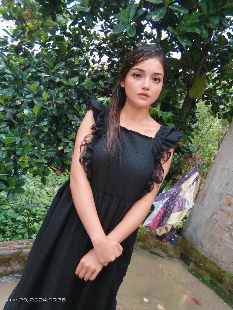 (Best quality, 4k, Masterpiece :1.3), pretty woman, 1girl, (breasts, attractive body :1.2), abs :1.1, dark brown hair: 1.1, (rainy wet, wet from rain, wet body :1.2), ultra-detailed face, detailed lips, detailed eyes, double eyelid， outdoor，run
，