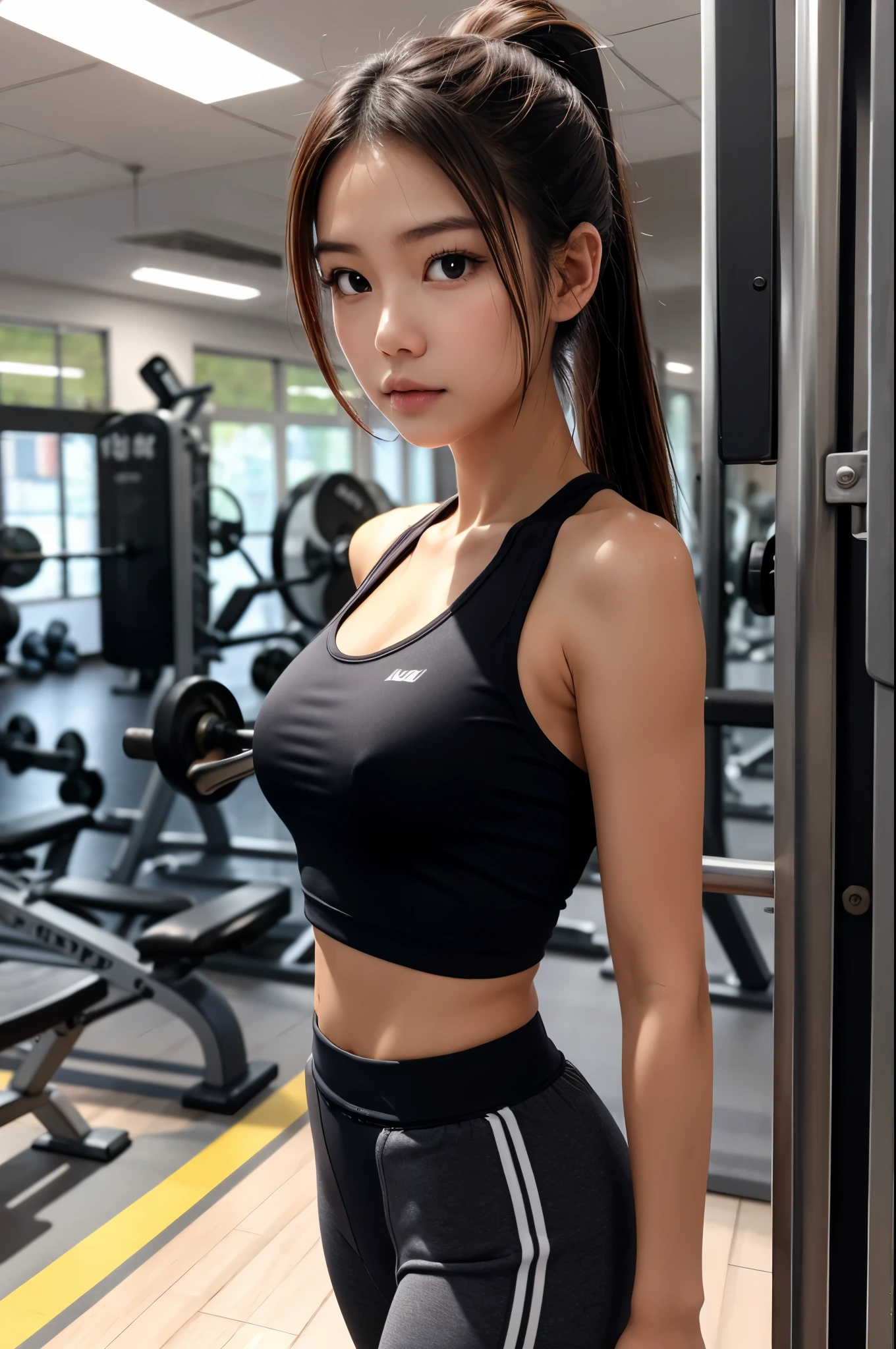 A lady, taiwan girl, Healthy complexion, dark brown hair, High ponytail, beautiful face, beautiful eyes, Healthy body, [[muscle]], Sports vest, sports trousers, in the gym, dumbbell, sports water bottle, serious, train hard, Eevee drawing, (Sweat水), [流Sweat中], [[Sweat_wet]], Depth of Field, Volumetric lights, 