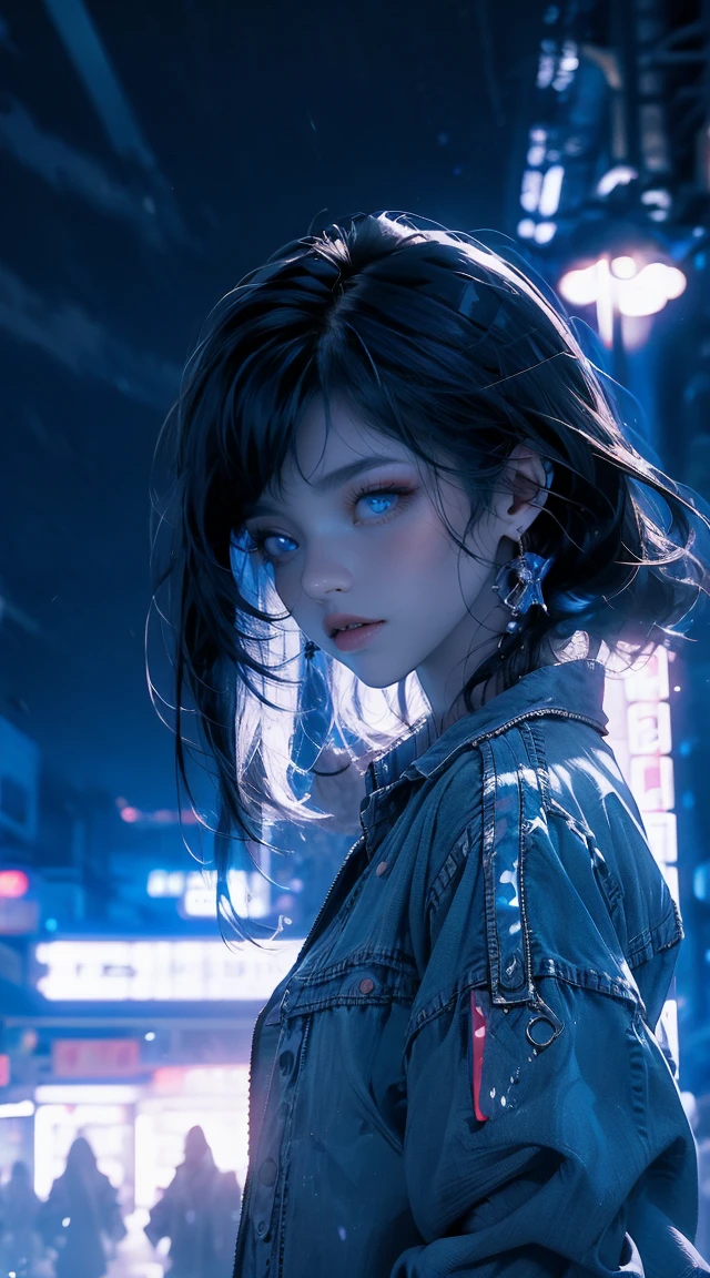 master paintings,optimal quality,rain,adult woman,beauty、very depressive,With short black hair,is crying,is fighting to the enemy in the midnight town、Neon street in the background、neon color is blue.