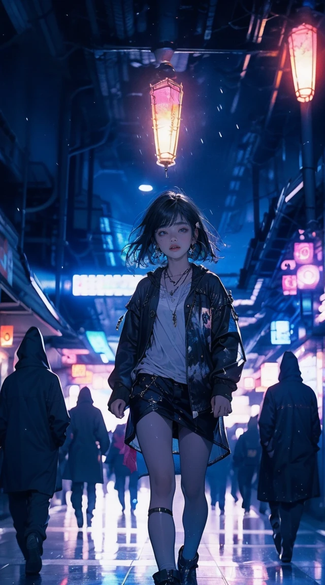 master paintings,optimal quality,rain,adult woman,beauty、very depressive,With short black hair,is crying,is fighting to the enemy in the midnight town、Neon street in the background、neon color is blue.