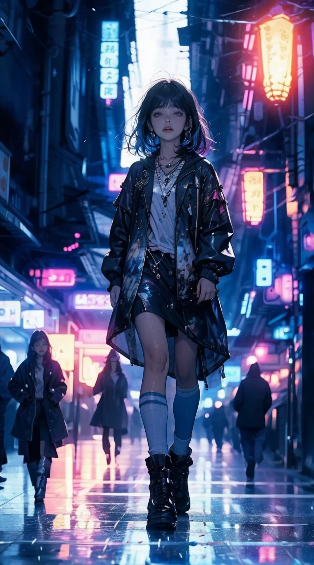 master paintings，optimal quality，rain，adult woman，beauty、very depressive，With short black hair，is crying，is fighting to the enemy in the midnight town、Neon street in the background、neon color is blue.