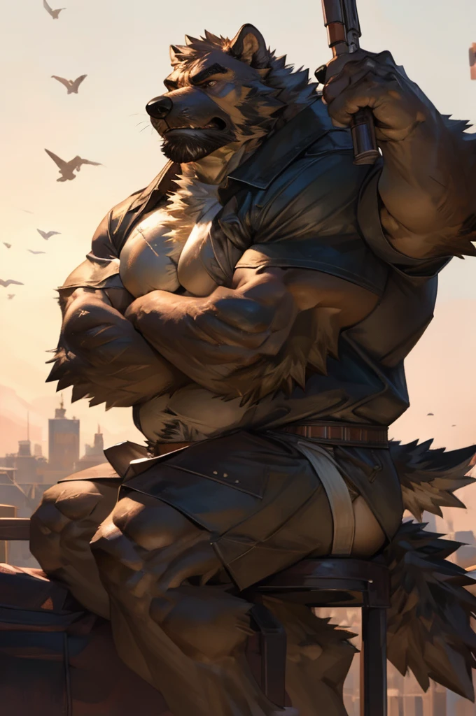 By Taran fiddler, one man, anthro, adult, mature male, middle-aged, canine, mutt, brown fur, dilf, wrinkled face, grumpy, furrowed eyebrows, rugged, muscular, legs crossed, talking, arms crossed, naked, wearing jockstrap, sitting on sofa, dark atmosphere, extreme detail, muted lighting, dynamic pose, distance away from viewer, establishing shot, no background, white background