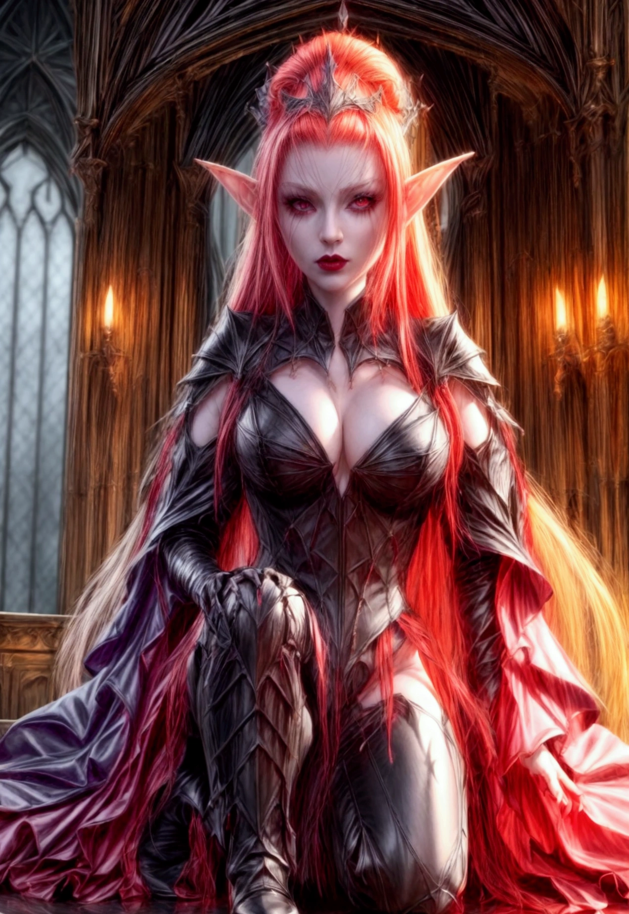 arafed a picture of elf vampire in her castle. an exquisite beautiful female elf vampire (ultra details, Masterpiece, best quality), full body, ((anatomically correct: 1.5) bloody mouth, orange hair, pale skin, hair in a ponytail, long hair, blue eyes, (small pointed ears: 1.2), cold eyes, smirking, wearing pink dress (ultra details, Masterpiece, best quality), red cloak, wearing high heels, in dark fantasy library, book shelves, vibrant, Ultra-high resolution, High Contrast, (masterpiece:1.5), highest quality, Best aesthetics), best details, best quality, highres, ultra wide angle, 16k, [ultra detailed], masterpiece, best quality, (extremely detailed) RAW, dark fantasy art, gothic art, wearing Haute_Couture designer dress, Dark Novel, c0rs3t, corset, leotard,