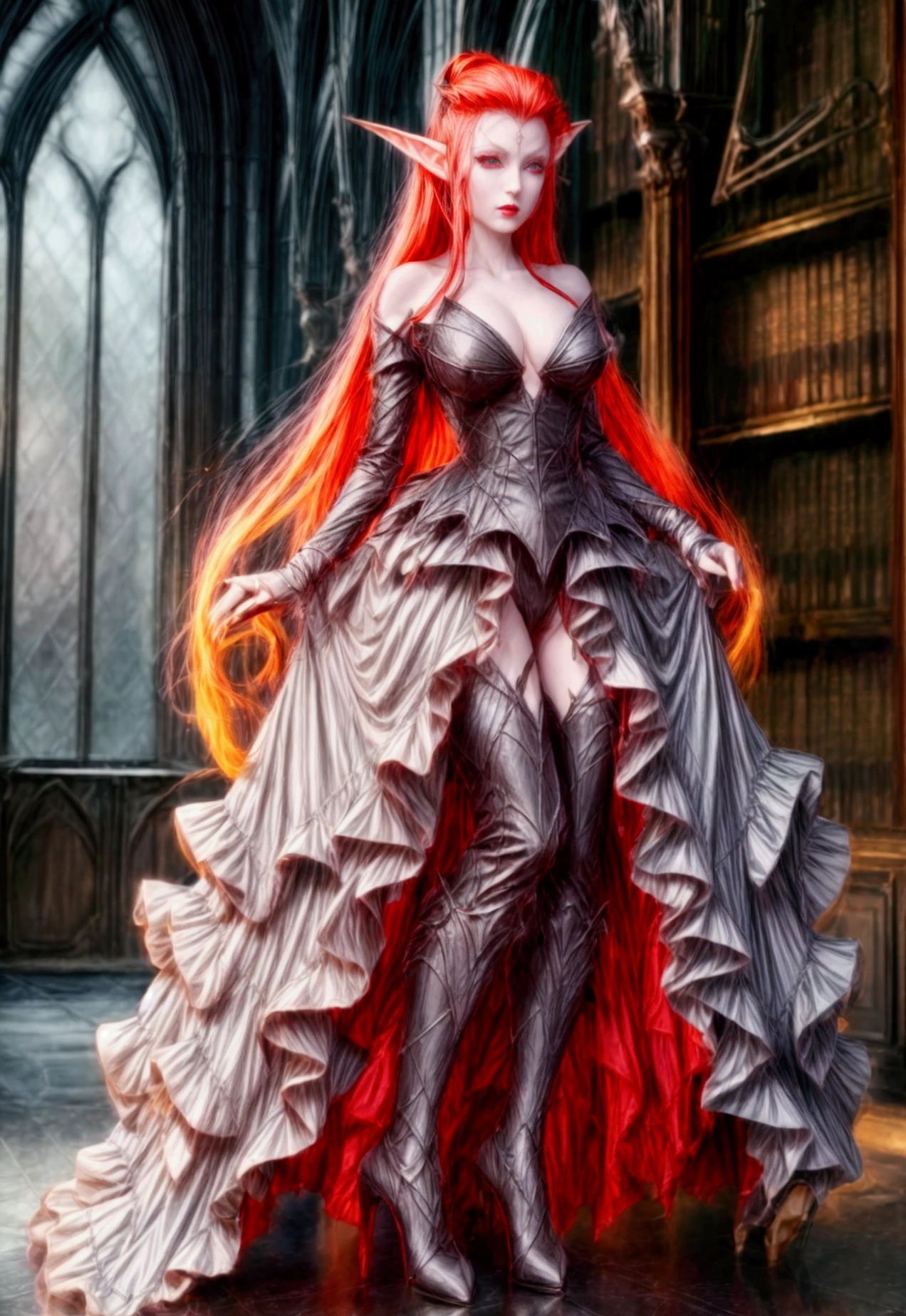 arafed a picture of elf vampire in her castle. an exquisite beautiful female elf vampire (ultra details, Masterpiece, best quality), full body, ((anatomically correct: 1.5) bloody mouth, orange hair, pale skin, hair in a ponytail, long hair, blue eyes, (small pointed ears: 1.2), cold eyes, smirking, wearing pink dress (ultra details, Masterpiece, best quality), red cloak, wearing high heels, in dark fantasy library, book shelves, vibrant, Ultra-high resolution, High Contrast, (masterpiece:1.5), highest quality, Best aesthetics), best details, best quality, highres, ultra wide angle, 16k, [ultra detailed], masterpiece, best quality, (extremely detailed) RAW, dark fantasy art, gothic art, wearing Haute_Couture designer dress, Dark Novel, c0rs3t, corset, leotard,