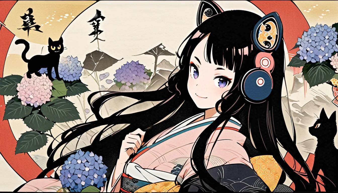 Highest quality, Katsushika Hokusai, Ink Painting, (((very straight longhair))), (((hydrangea))), (((Pale pink kimono))), (((smile))), (((One black cat))), Patterned headphones, beautiful girl, Black Hair, Delicate and precise, Modern ukiyo-e style