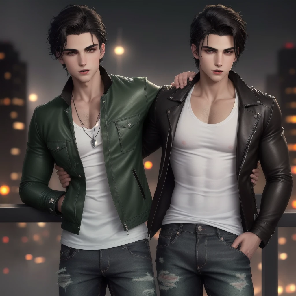 Young American Vampire Boy, characterized by his dark brown hair with captivating dark green eyes and an athletic build subtly accentuated by the sharp points of fangs. He is dressed in a style that exudes modern coolness, donning slightly ripped jeans and a pristine white shirt, layered with a sleek black jacket. The realistic, high-definition imagery is presented in stunning 4K quality, every detail from the texture of his clothing to the glint in his eyes, brought to life with exceptional clarity and vibrancy. The background is a bustling cityscape at night, enveloped in a thick layer of fog, creating an atmosphere of mystery and intrigue that contrasts with the