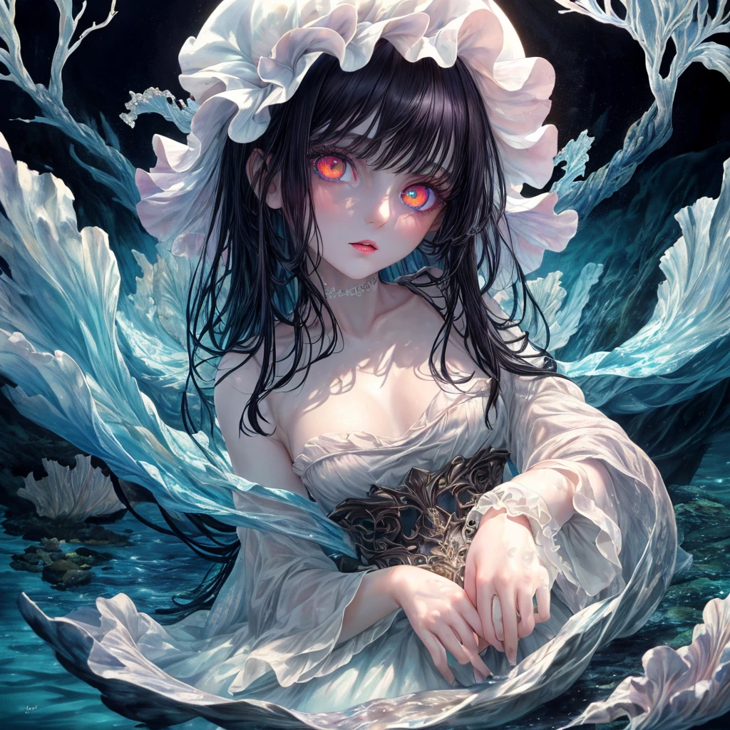 (masterpiece,best quality,ultra-detailed),1girl, black hair,beautiful and detailed face, detailed eyes,looking at viewer, multicolored eyes,((grey theme),pale skin, glowing eyes ,in the sea,((night)),dark ambient,(underwater),(aquarelle) большая грудь