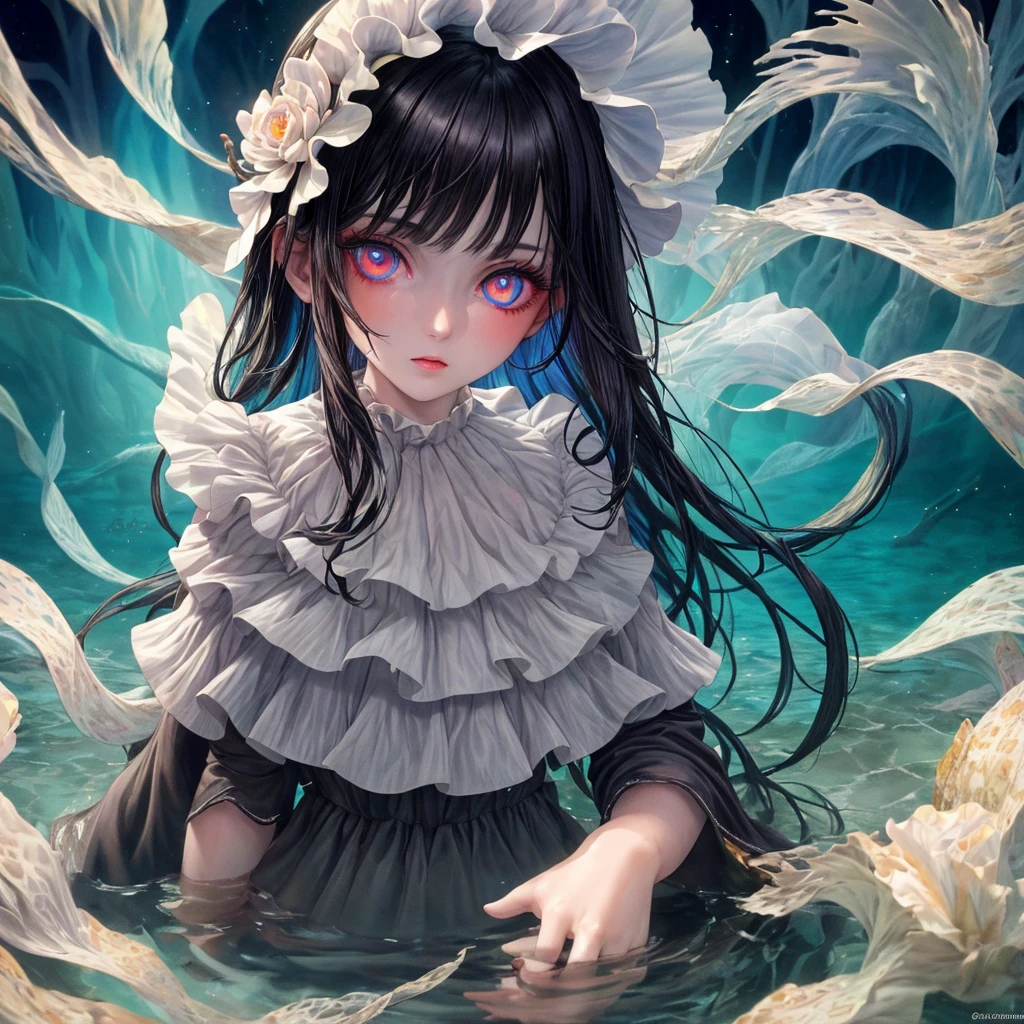(masterpiece,best quality,ultra-detailed),1girl, black hair,beautiful and detailed face, detailed eyes,looking at viewer, multicolored eyes,((grey theme),pale skin, glowing eyes ,in the sea,((night)),dark ambient,(underwater),(aquarelle) большая грудь