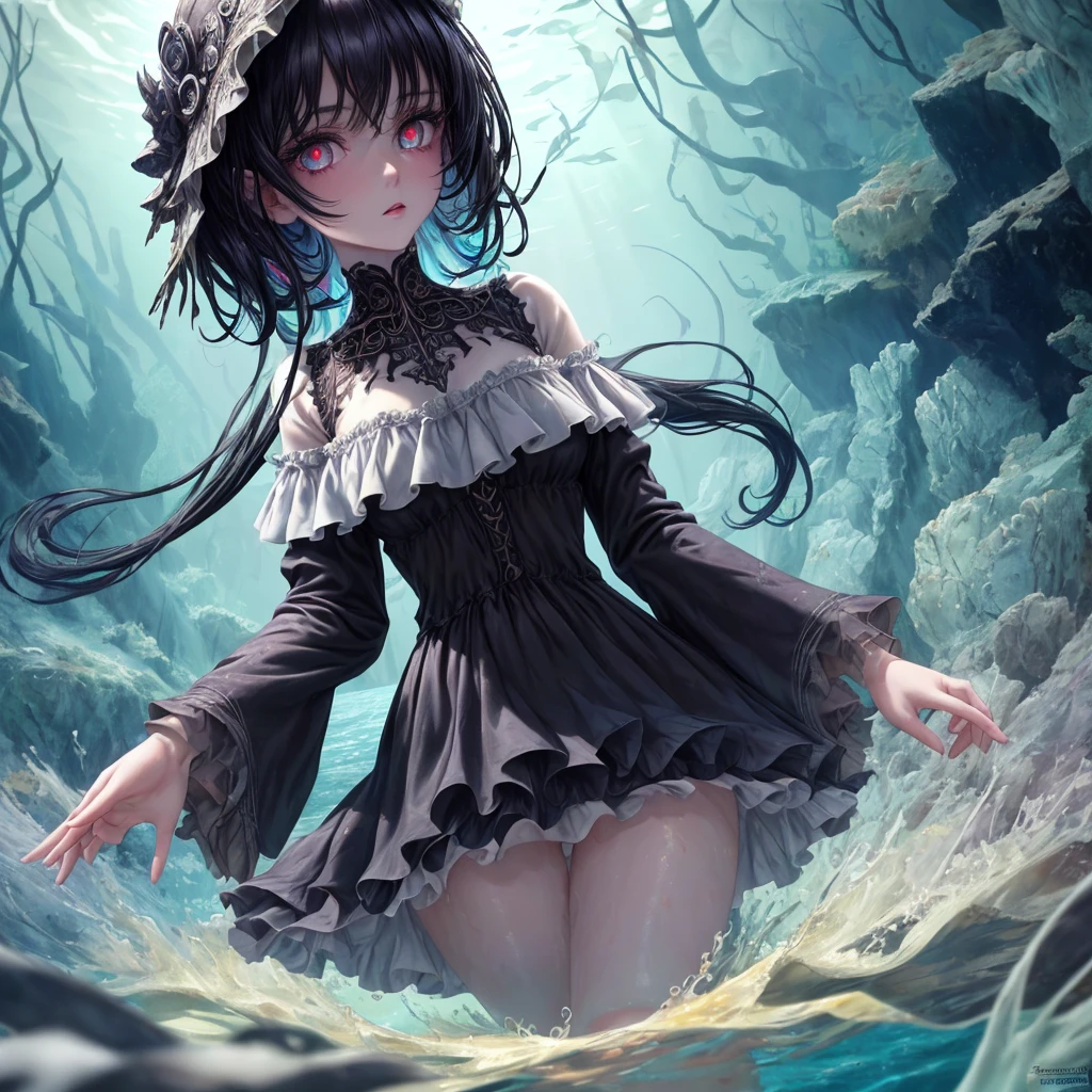 (masterpiece,best quality,ultra-detailed),1girl, black hair,beautiful and detailed face, detailed eyes,looking at viewer, multicolored eyes,((grey theme),pale skin, glowing eyes ,in the sea,((night)),dark ambient,(underwater),(aquarelle) большая грудь