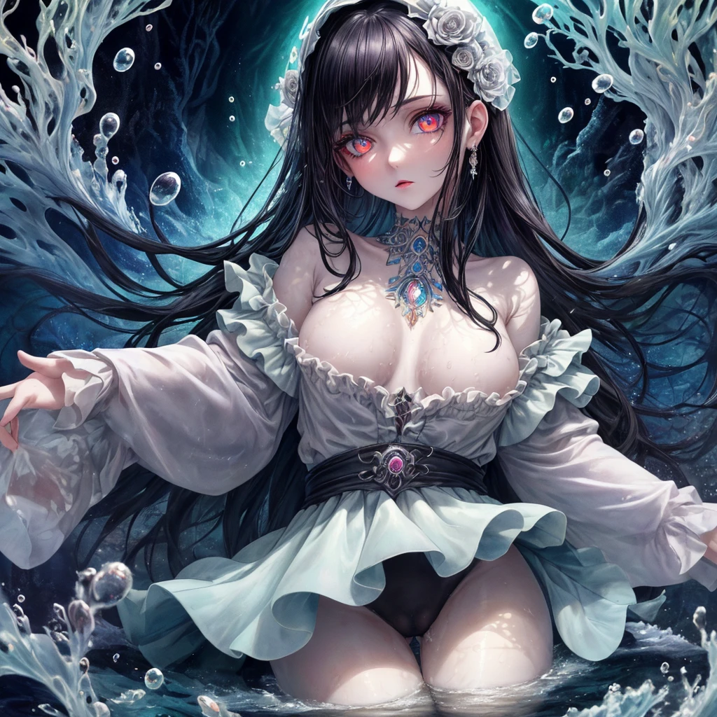 (masterpiece,best quality,ultra-detailed),1girl, black hair,beautiful and detailed face, detailed eyes,looking at viewer, multicolored eyes,((grey theme),pale skin, glowing eyes ,in the sea,((night)),dark ambient,(underwater),(aquarelle) большая грудь