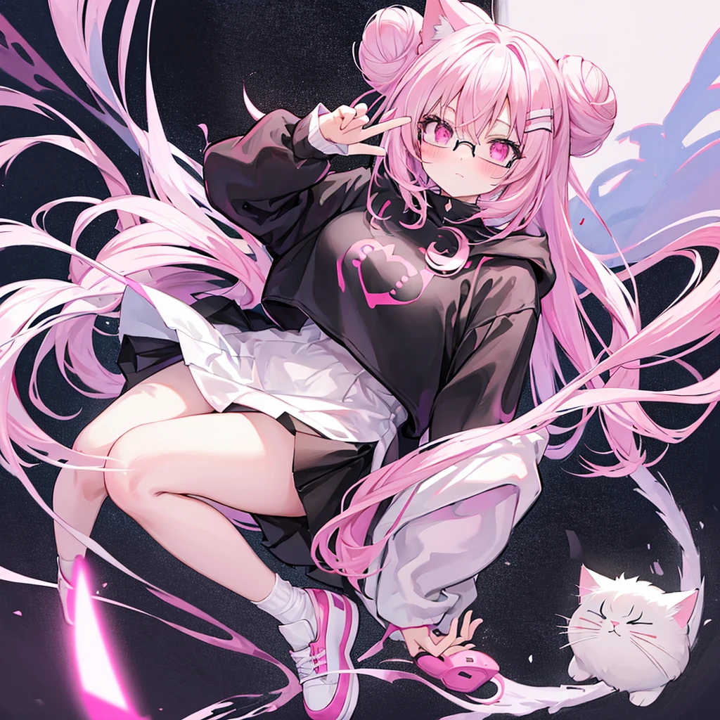 I have white pink hair, cat ears, a bun, my face is super blushing, black glasses, pink heart eyes, a big pink sweatshirt, a black skirt, black stockings, white shoes, a cat's tail, a girl. Very shy