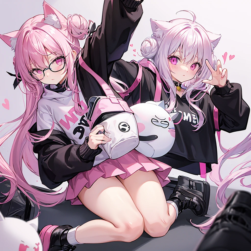 I have white pink hair, cat ears, a bun, my face is super blushing, black glasses, pink heart eyes, a big pink sweatshirt, a black skirt, black stockings, white shoes, a cat's tail, a girl. Very shy
