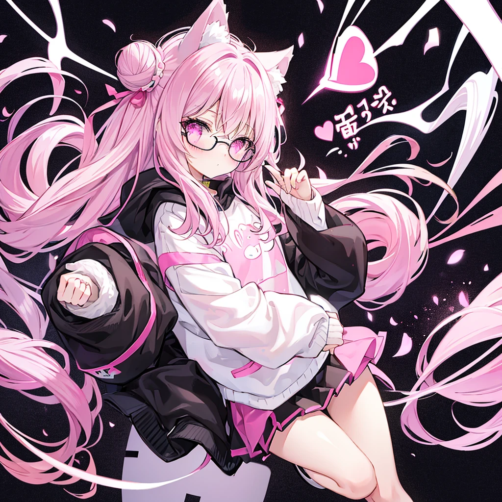 I have white pink hair, cat ears, a bun, my face is super blushing, black glasses, pink heart eyes, a big pink sweatshirt, a black skirt, black stockings, white shoes, a cat&#39;s tail, a girl. Very shy