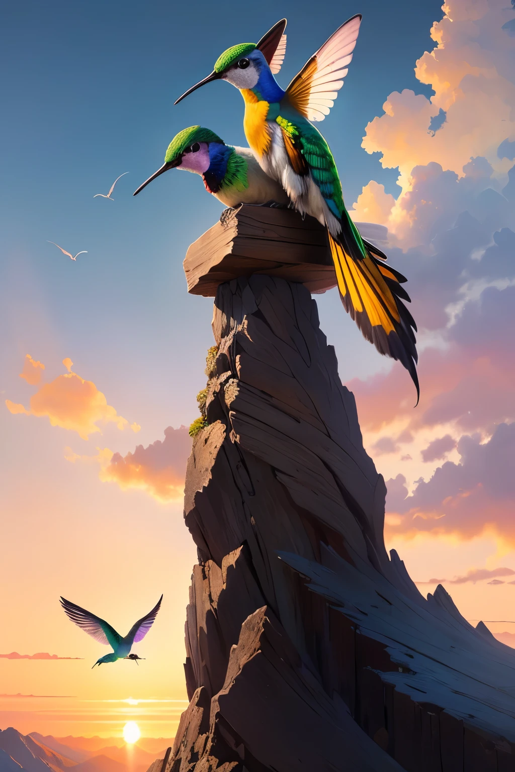 ((best qualityer)), ((work of art)), (detailded), strong hummingbird representing the Farid Company, Wearing golden armor, Standing on top of a mountain, Sky at dusk.
