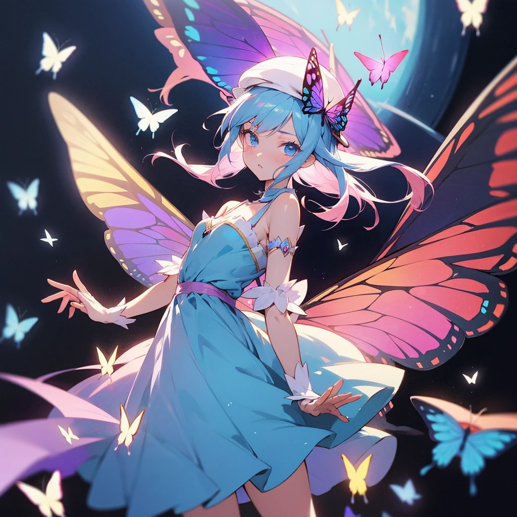 A anime girl who is a fairy and she has butterfly wings and she wears a hat and she has a magical wonde and she wears a butterfly dress 
