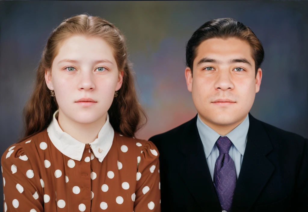 There are two people posing together for a photo., portrait of two people, a colored photo, color studio portrait, color portrait, colored photo, 1998 photo, restored photo, couple portrait, alexandra fomina, colored photograph, colored background, realistic old photo, restored color, colored photo, retouched, retouched face, Azamat Jharov 8k