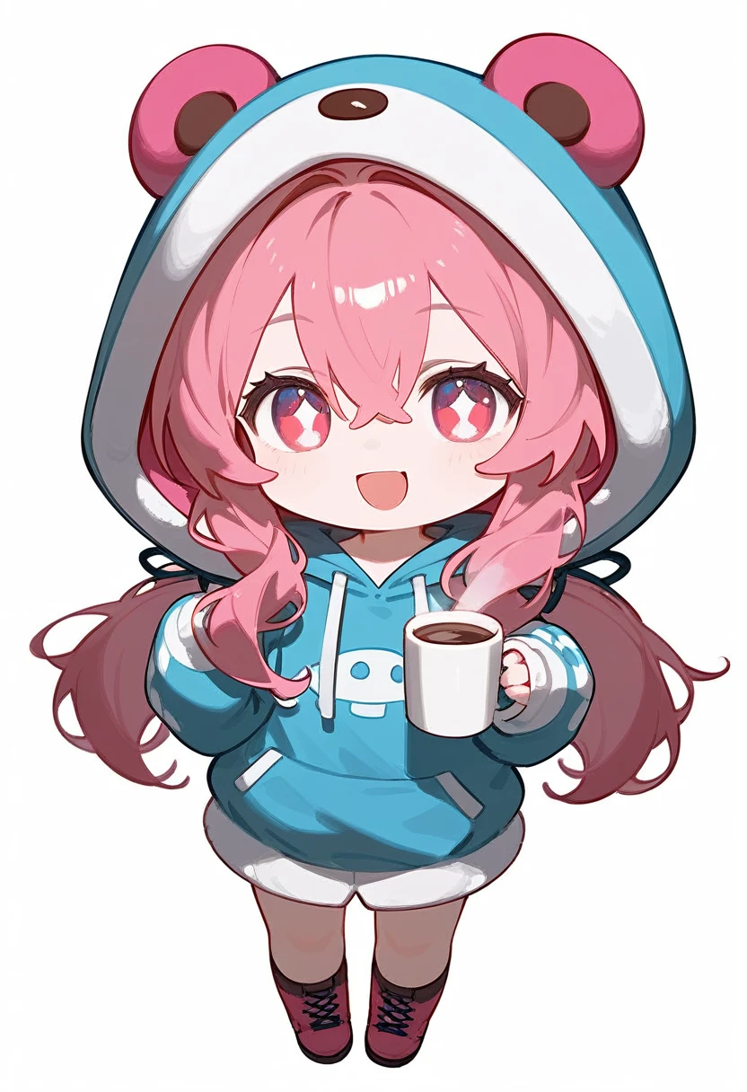 score_9,score_8_superior,score_7_superior,One girl,Pink Hair,alone,hood chibi,bangs,Smile,Close ~ eyes,smile,coffee,Holding a mug,standing,full body,posing,Open your mouth,In-person audience,hoodie,Wearing a hood,Long sleeve,Hair between the eyes,Sleeves are longer than your fingers,white background,