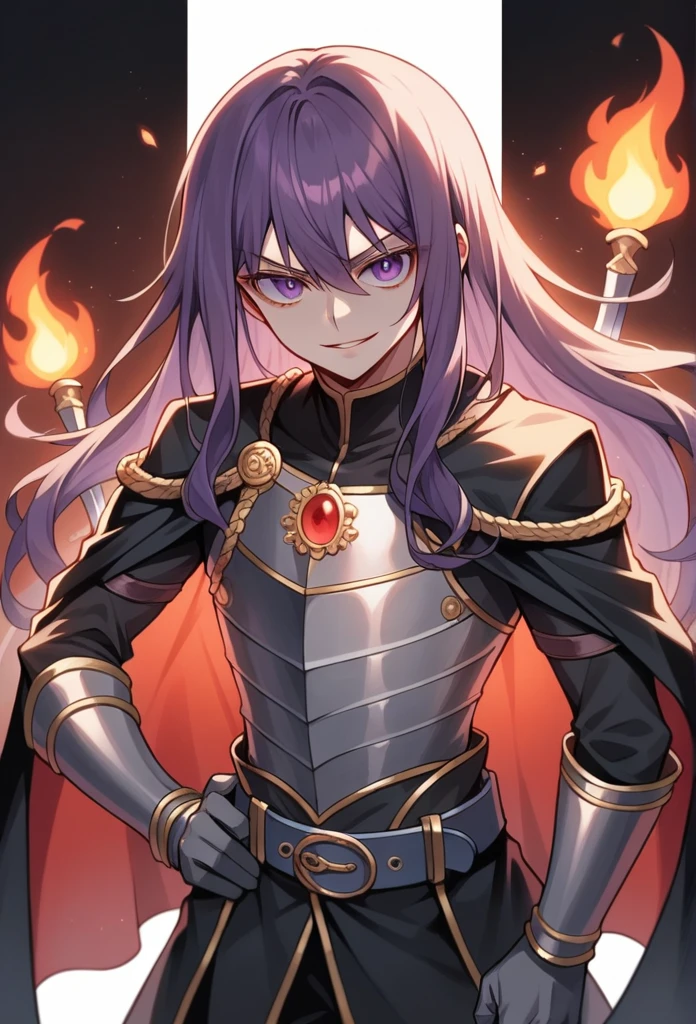 Best Quality, Masterpiece, ultra high resolution, a boy, solo, 1boy,  with a dark bloody room in the background ,  smile, masterpiece, best quality, Cinematic, Fancy effects, Intricate details, shiny hair, shiny skin, detailed eyes, hd eyes, beautiful eyes, gothic, hair between eyes, layered clothes,  looking at viewer, highly detailed eyes, dramatic lighting,  dark magic background, shadow background, crimson background, smug face, eyelashes, long eyelashes,
1boy,
androgynous,
armor,
belt,
belt buckle,
black cape,
buckle,
cape,
cowboy shot,
fire,
gloves,
grey armor,
grey belt,
grey gloves,
hand on own hip,
holding,
holding sword,
holding weapon,
leather armor,
long hair,
long sleeves,
looking at viewer,
male focus,
night,
parted lips, shiny lips,
purple eyes,
purple hair,
shirt,
solo,
standing,
sword,
vambraces,
weapon,
white shirt,
wispy bangs, face focus, big eyes