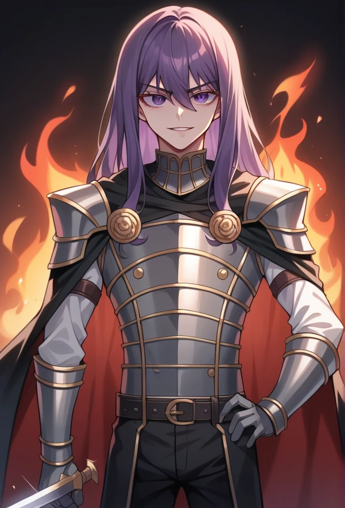 Best Quality, Masterpiece, ultra high resolution, a boy, solo, 1boy,  with a dark bloody room in the background ,  smile, masterpiece, best quality, Cinematic, Fancy effects, Intricate details, shiny hair, shiny skin, detailed eyes, hd eyes, beautiful eyes, gothic, hair between eyes, layered clothes,  looking at viewer, highly detailed eyes, dramatic lighting,  dark magic background, shadow background, crimson background, smug face, eyelashes, long eyelashes,
1boy,
androgynous,
armor,
belt,
belt buckle,
black cape,
buckle,
cape,
cowboy shot,
fire,
gloves,
grey armor,
grey belt,
grey gloves,
hand on own hip,
holding,
holding sword,
holding weapon,
leather armor,
long hair,
long sleeves,
looking at viewer,
male focus,
night,
parted lips, shiny lips,
purple eyes,
purple hair,
shirt,
solo,
standing,
sword,
vambraces,
weapon,
white shirt,
wispy bangs, face focus, big eyes