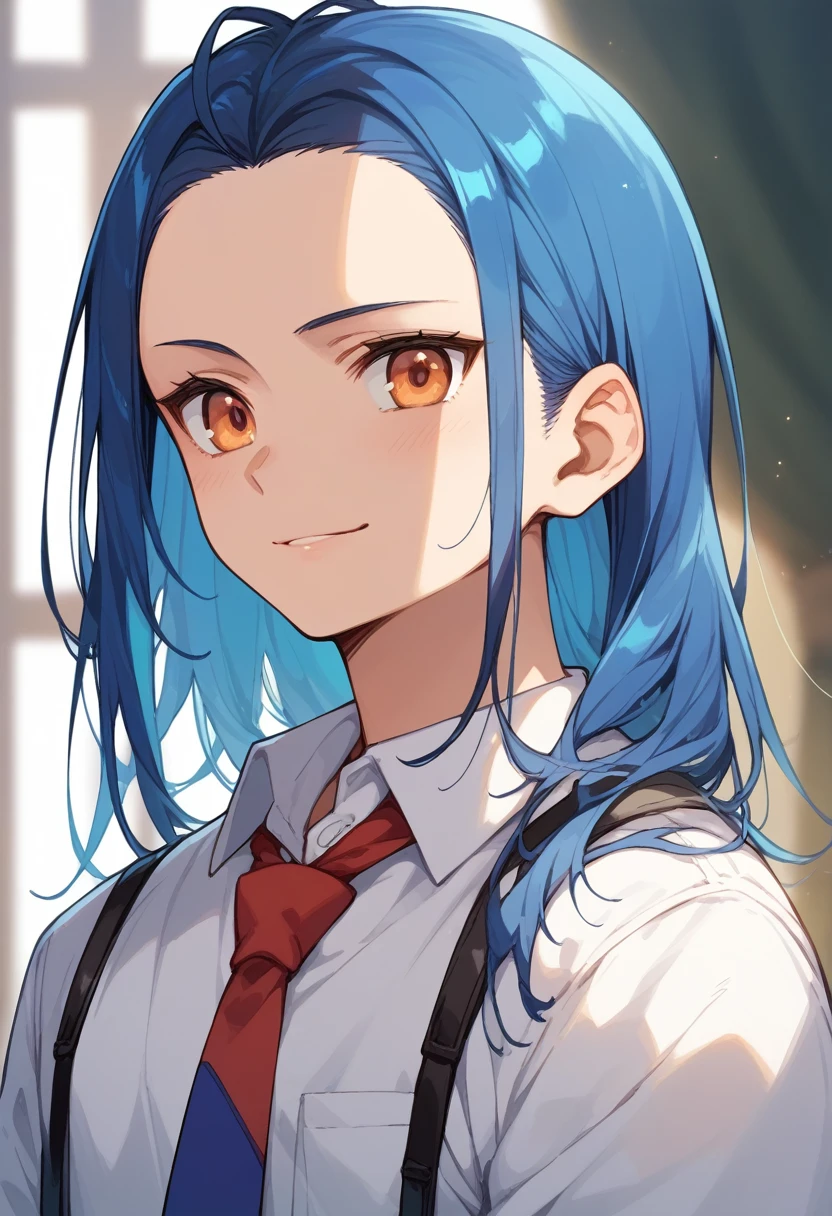 (score_9,score_8_up,score_7_up,score_6_up,score_5_up,score_4_up, source_anime), 8k, best quality, best lighting, BREAK, 1man, 23 yo, toned, male face, male eyes, male focus, deep blue hair, orange eyes, forehead, (smile: 0.7), dress shirt, necktie, portrait