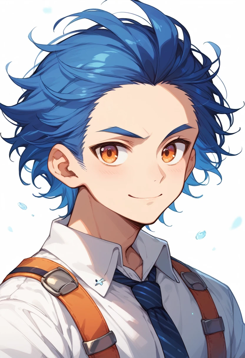 (score_9,score_8_up,score_7_up,score_6_up,score_5_up,score_4_up, source_anime), 8k, best quality, best lighting, BREAK, 1man, 23 yo, toned, male face, male eyes, male focus, deep blue hair, orange eyes, forehead, (smile: 0.7), dress shirt, necktie, portrait