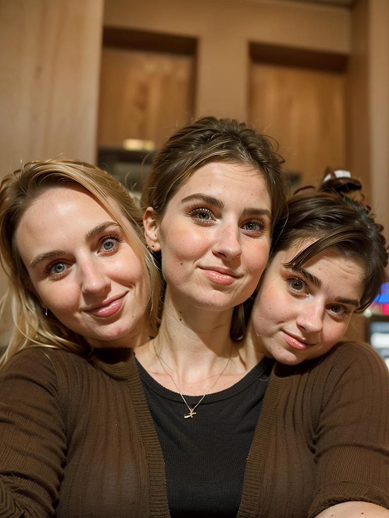3heads, three headed girl, (a 40 year old woman and a 25 year old woman and a 10 year old girl:1.5), (blonde:1.4)